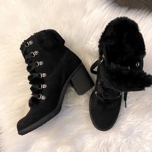 a new day - Suede Faux Fur Lace Up Booties - Black - Size 8
